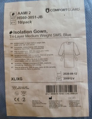 AAMI Level 2 Isolation Gown 10 Pack Comfortguard XL Tri-layer Medium Weight Blue