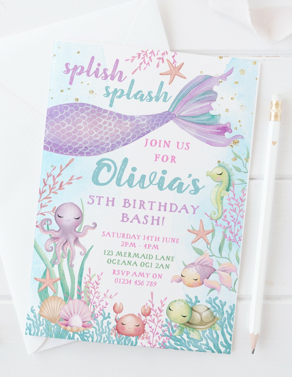 MERMAID BIRTHDAY PARTY INVITATIONS  - Under the sea, beach, girls - 10 Pack