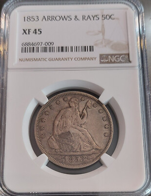 1853 LIBERTY SEATED Half Dollar 50c Arrow+Ray Choice NGC XF45 Est Survival=6,000
