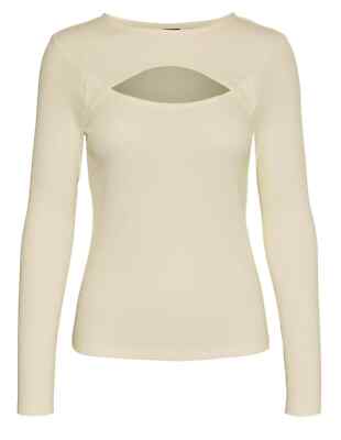 VERO MODA Women's Polly Cutout Ribbed Knit Top, Long Sleeve Snow White Sz-XS