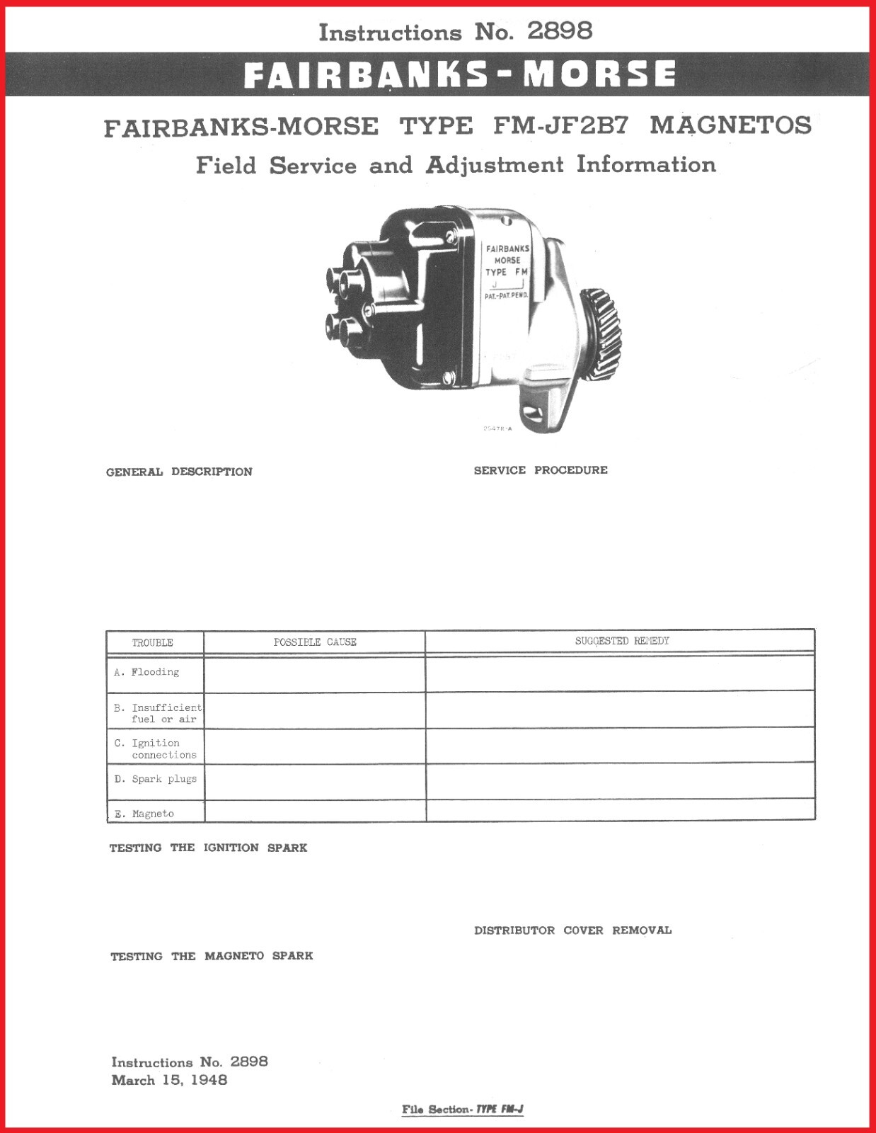 Fairbanks Morse FM-JF2B7 Magneto Instructions No. 2898 Field