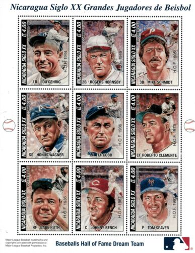Nicaragua 1996 - Baseballs Hall of Fame Team - Sheet of 9 Stamps Scott 2168 MNH