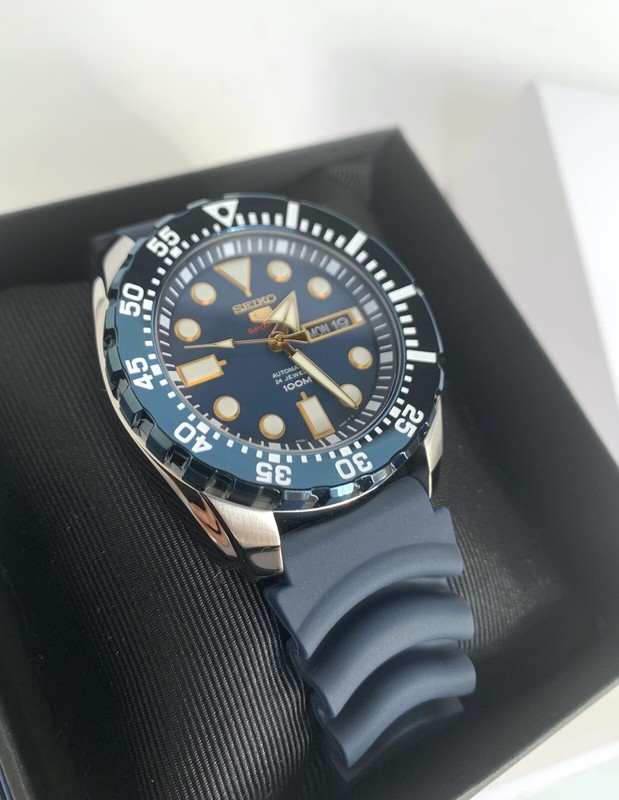 Pre-owned Seiko 5 Sports Srp605k2 Automatic Blue Bezel Rubber Strap Watch For Men