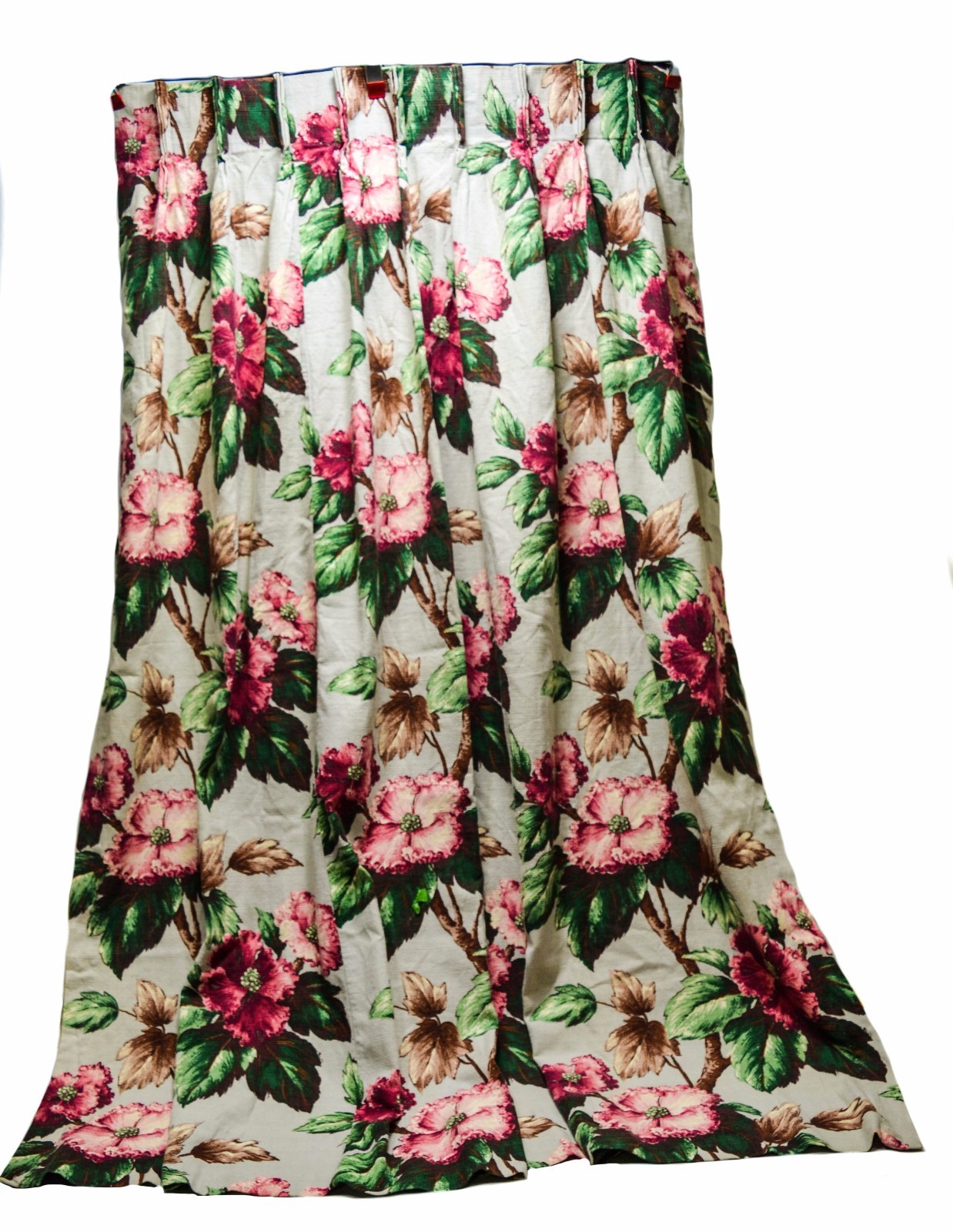 VINTAGE MIDCENTURY GARDEN TREE PEONY BARKCLOTH CURTAINS, PAIR, 69