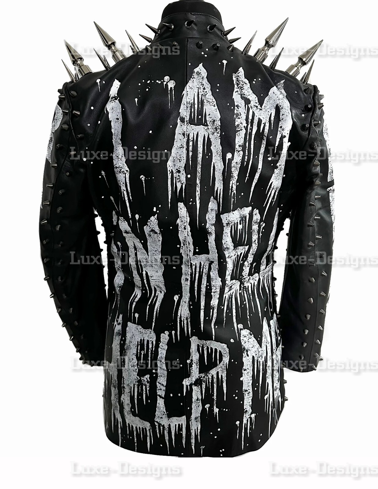 Pre-owned Handmade Unisex I Am Inhell Black Punk Long Spiked Studded With Chains Biker Leather Coat In Red Black