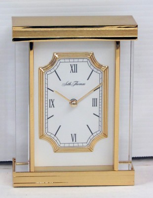  SETH THOMAS MANTLE CLOCK -BRASS/GLASS -WHITE  DIAL TCL1630
