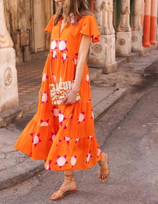 Pre-owned Oliphant V Neck Maxi Dress In Mela Orange - Size S