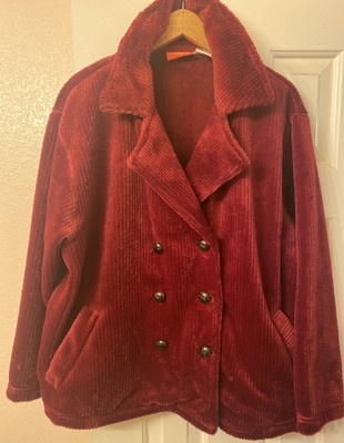 Deep Red Jacket L Fleece Peacoat Unlined Ruby Claiborne USA Double Breasted Soft