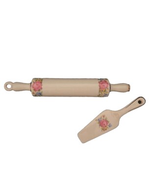 Vintage Cottagecore Floral Pink Roses Ceramic Rolling Pin and Pie Knife
