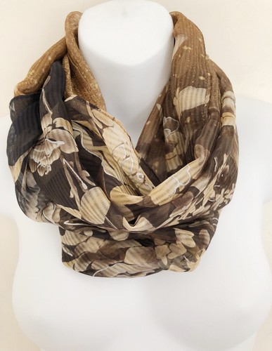 ECHO Womens 100% Silk Scarf Rectangle Long Brown Beige Tan Floral EUC