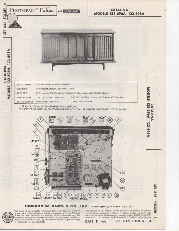 1966 CATALINA 122-696A 698A RECORD PLAYER AMP RADIO SERVICE MANUAL PHOTOFACT FIX