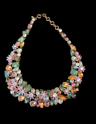 J.crew Rare Discont. Botanical Cluster Gold Tone Pink Flower Rhinestone Necklace