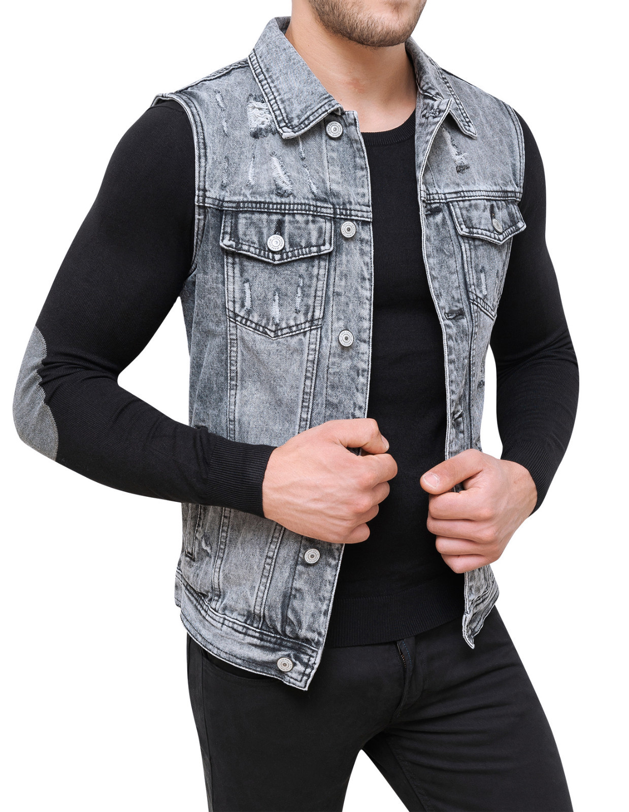 SMANICATO DI JEANS UOMO GRIGIO DENIM GIACCA CARDIGAN MOTO CASUAL tg S M L XL XXL