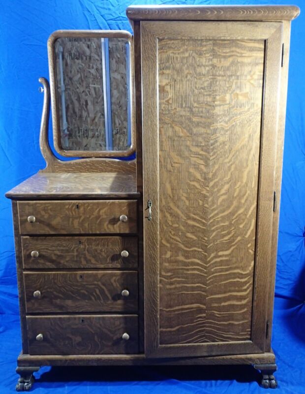 Vintage Tiger Wood Chifferobe Dresser - Removable Shelves & Lion Feet Carvings