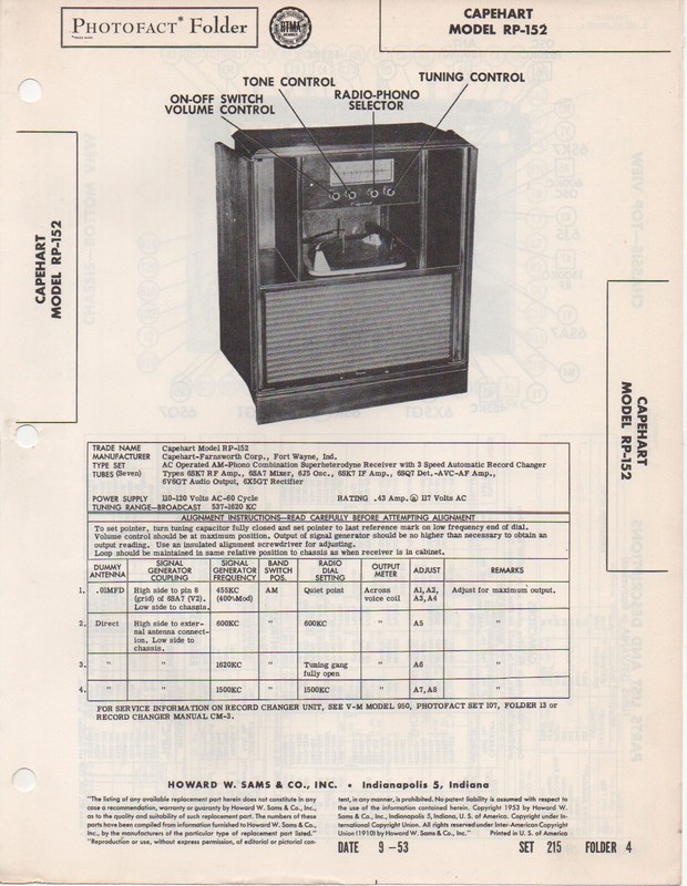 1953 CAPEHART RP-152 RADIO RECORD PLAYER CHANGER SERVICE MANUAL PHOTOFACT FIX