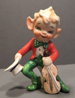 Vintage Japan Pixie Elf with Bow Tie Top Hat & Fiddle DARLING