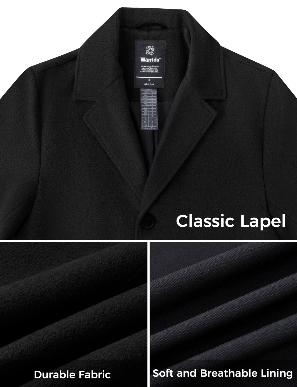 Wantdo Men Single Breasted Pea Coat Windproof Notched Collar Military Jacket