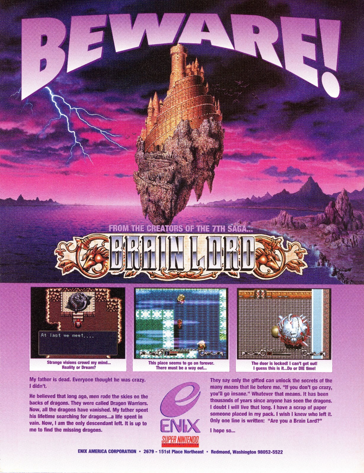 Brain Lord Super Nintendo SNES Game 1994 Promo Ad Wall Art