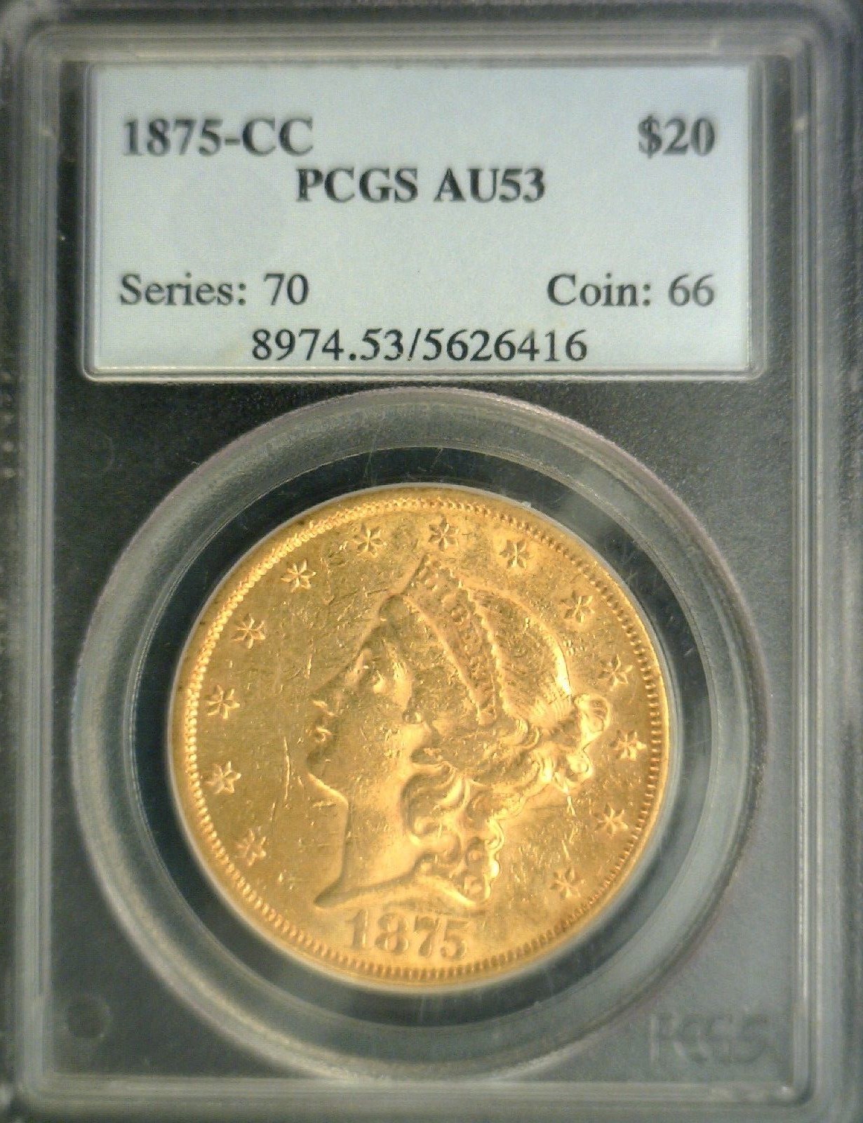 1875 CC ~ $20 Double Eagle ~ AU-53 ~ SCARCE Carson City ~ NGC Value $6,300 ~ AA+