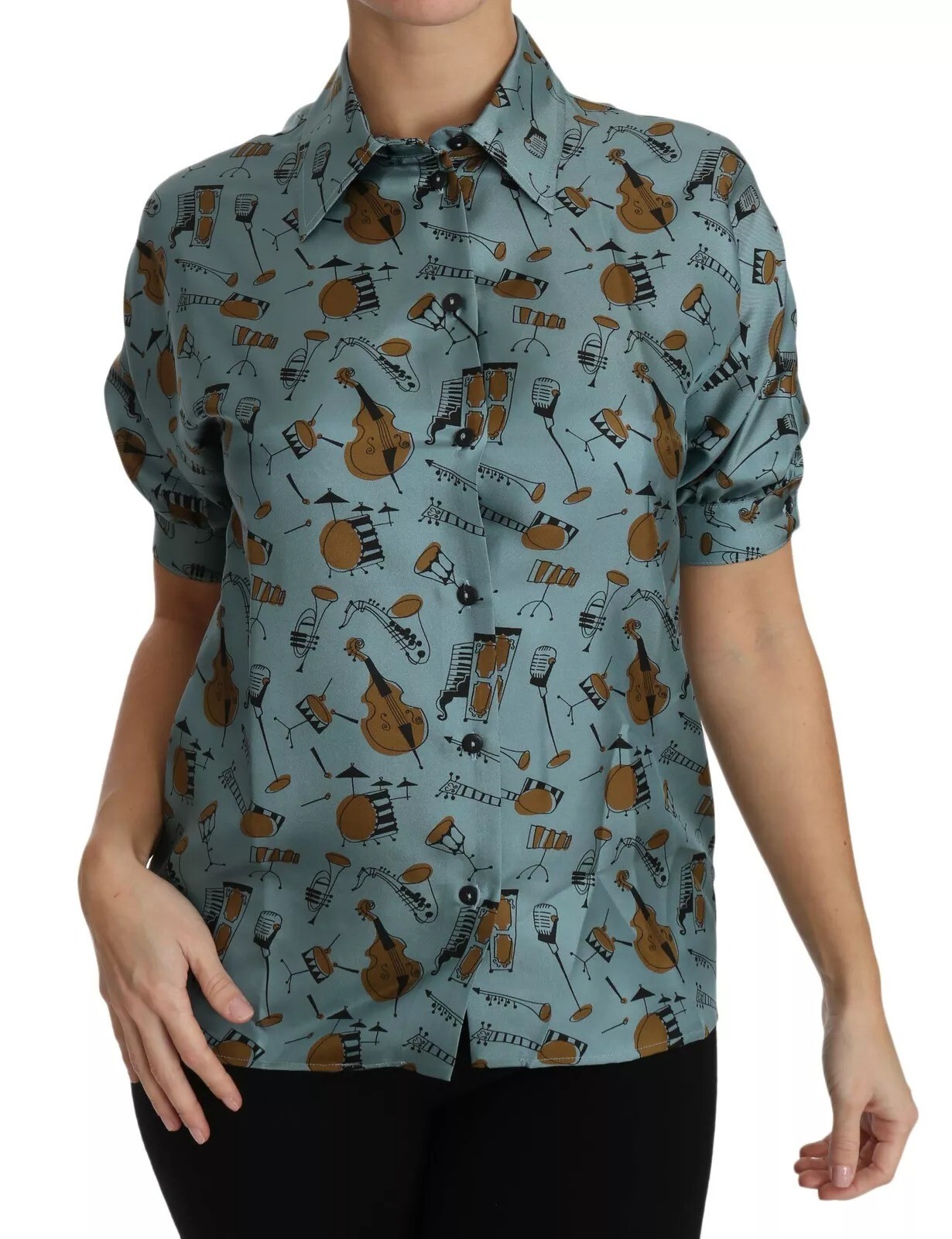 DOLCE & GABBANA Musical Instruments Shortsleeve Shirt Top Silk IT36/US2/ XS $650
