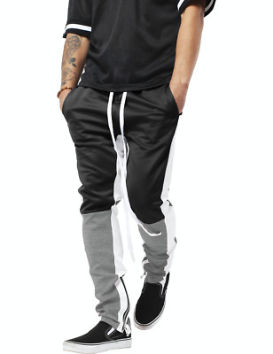 Mens Track Pants Jogger Hip Hop Poly Side Ankle Zip Long Drawstring Techno