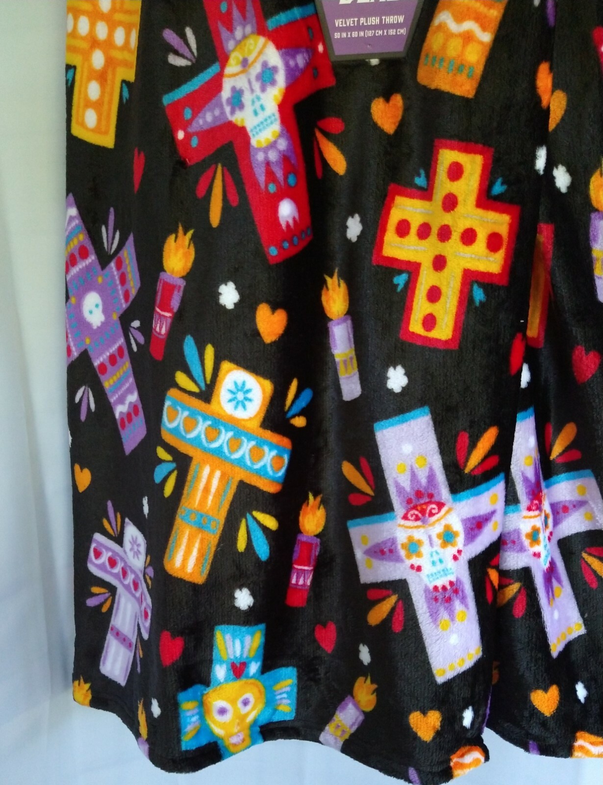 Day of the Dead Crosses Decorative Plush Throw Blanket 50/60 Black/Multicolor