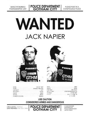 1989 Batman Jack Napier Wanted Poster Joker Jack Nicholson CLEARANCE ITEM 