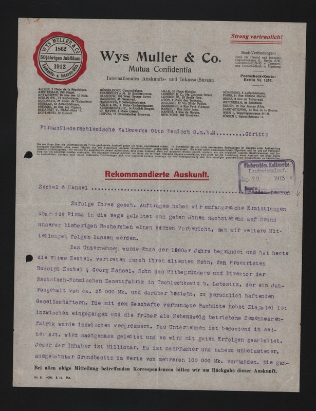 Berlin, Brief 1913, Wys Muller & Co. Internationales Auskunfts-Inkasso-BÃ¼Ro