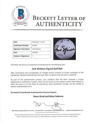 Jack Nicklaus Authentic Signed Calloway 2  Golf Ball Autographed BAS #A10901