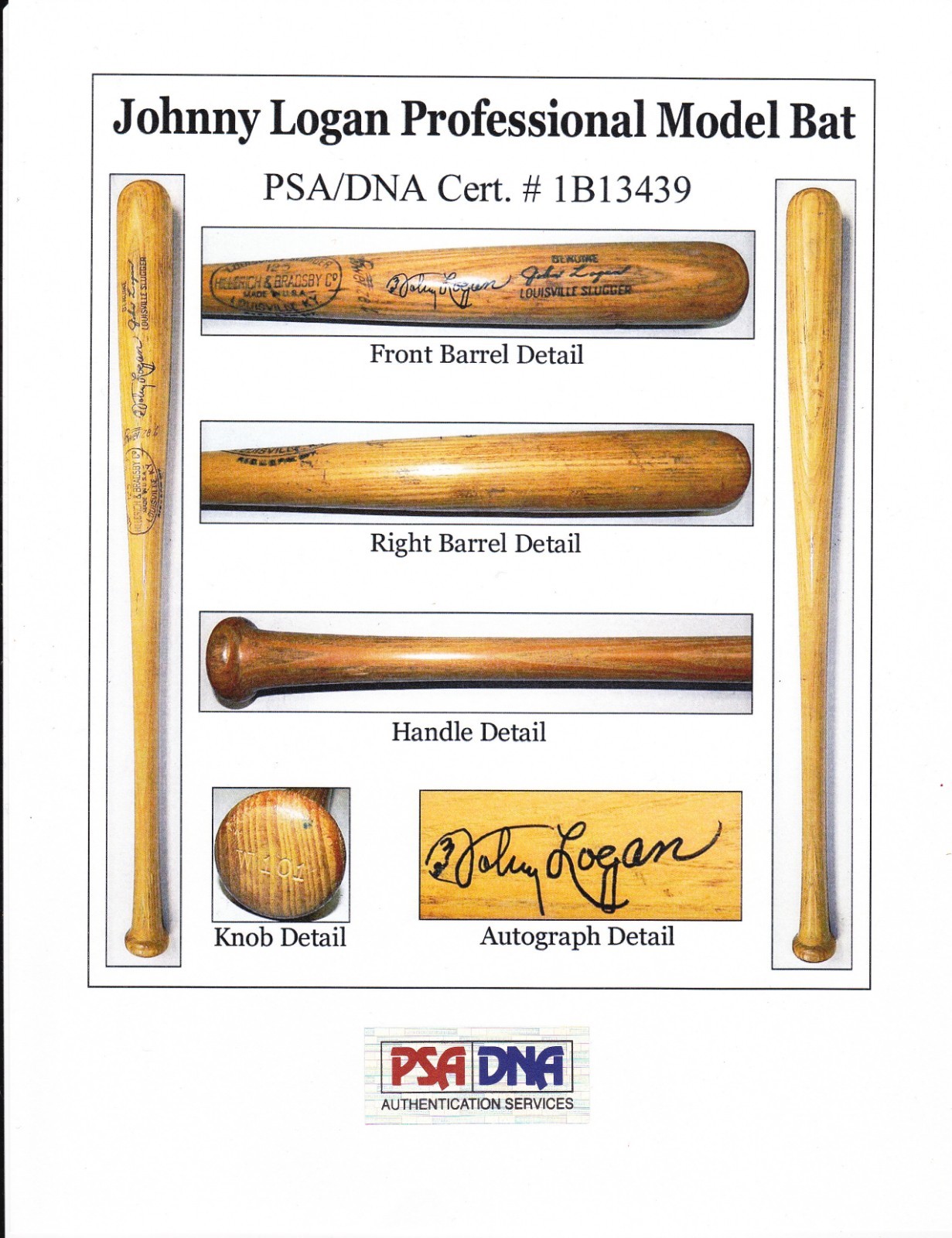1959-60 Johnny Logan Model W101 Game Used Autograph Bat PSA/DNA GU 9.5