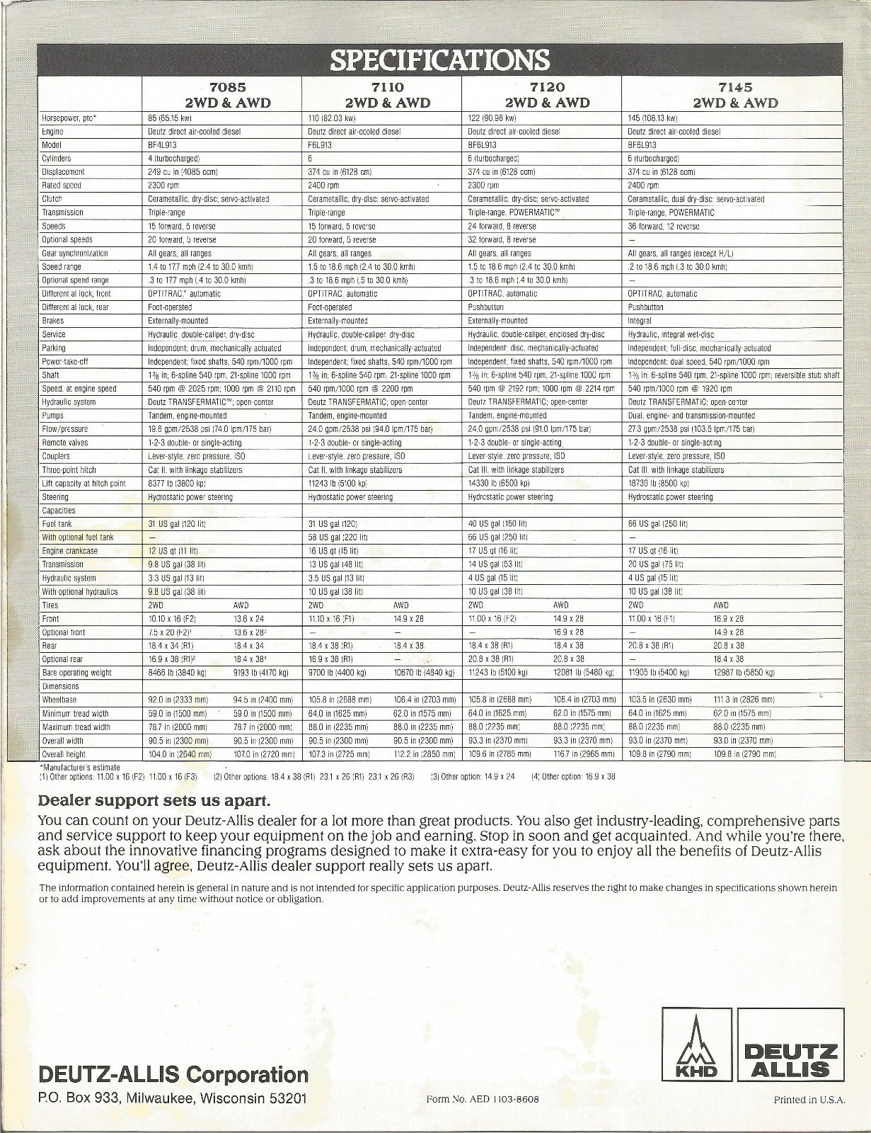Deutz-Allis 7085,7110,7120,7145, Diesel Tractors Sales Brochure