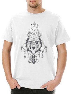 Indian Wolf & Feathers Herren T-Shirt Native American Häuptling Indianer