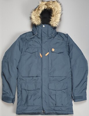 Fjallraven Yupik Parka Mens Fur Hood Blue Winter Warm Jacket Coat Small