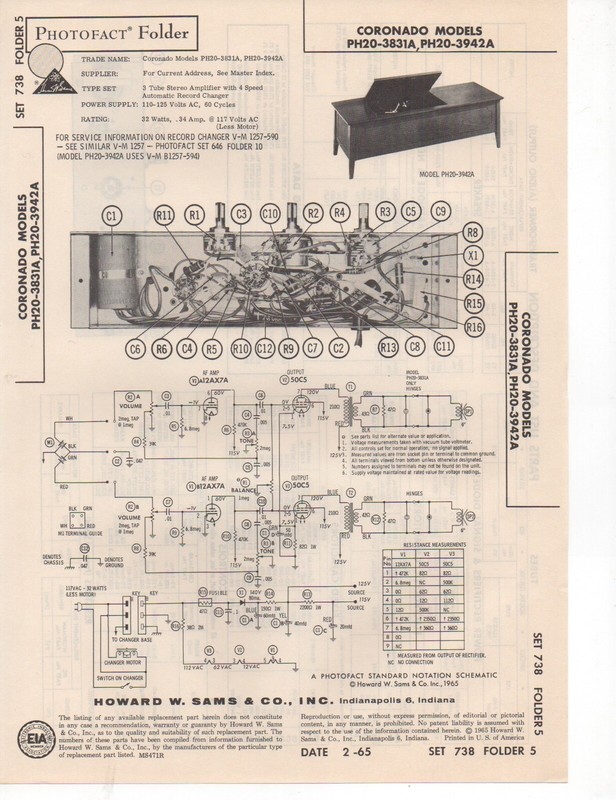 1965 CORONADO PH20-3831A 3942A RECORD PLAYER AMPLIFIER SERVICE MANUAL PHOTOFACT