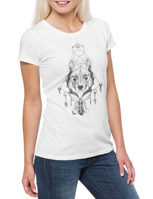 Indian Wolf & Feathers Damen T-Shirt Native American Häuptling Indianer