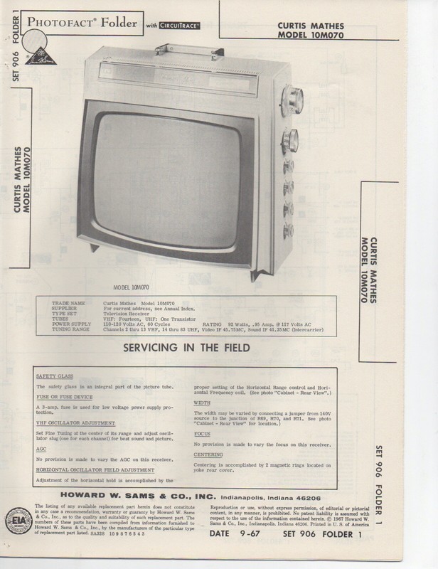 1967 CURTIS MATHES 10M070 TELEVISION SERVICE MANUAL PHOTOFACT SCHEMATIC