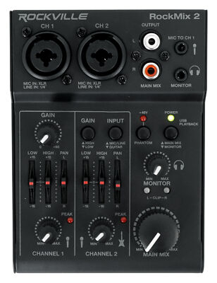 Rockville RockMix 2 Channel Mic/Instrument Pro Recording Mixer+USB Interface/EQ