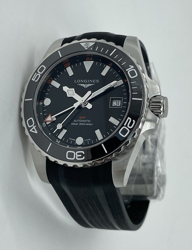 Pre-owned Longines Hydroconquest Gmt Black Dial Rubber Strap Men's Watch L3.790.4.56.9