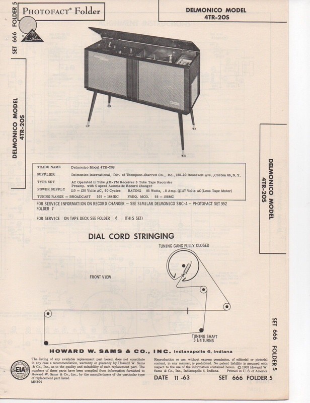 1963 DELMONICO 4TR-20S RADIO RECORD PLAYER CHANGER SERVICE MANUAL SCHEMATIC FIX