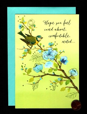 GET WELL Bird Flowers Blue Tree Branch - GLITTERED - Greeting Card W/ TRACKING