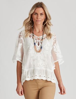 Womens Tops Cropped White Cotton Woven Elbow Sleeve Solid Relaxed Fit V |