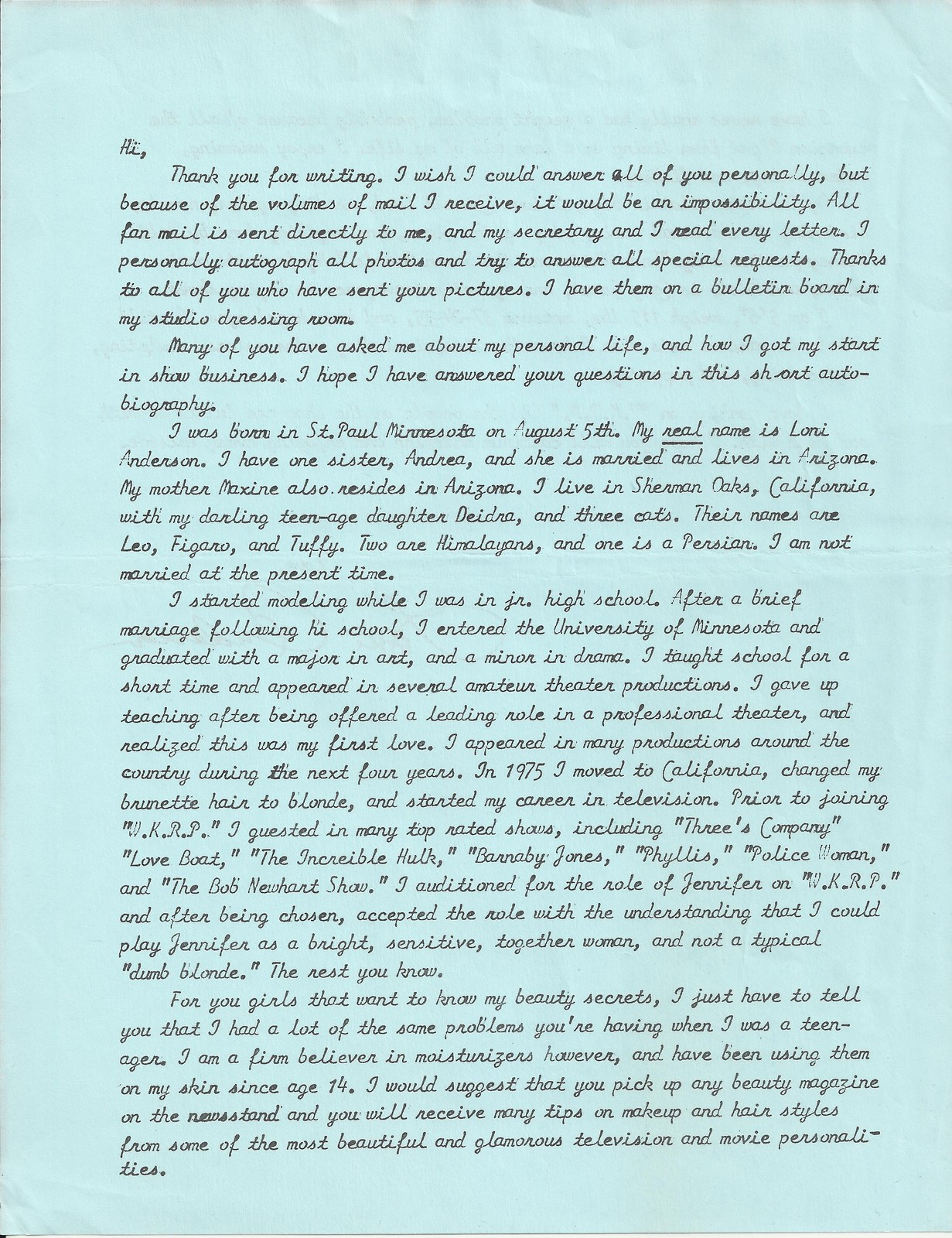 Loni Anderson - Original Autographed 8x10 Signed Photo with Letter