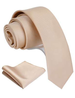 GUSLESON 2.4'' Solid Tan Champagne Slim Tie For Men Skinny Necktie and Pocket ...