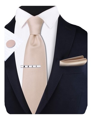 GUSLESON Men's Solid Silk Tie Champagne Ties for Men Necktie Clip Pocket Squa...