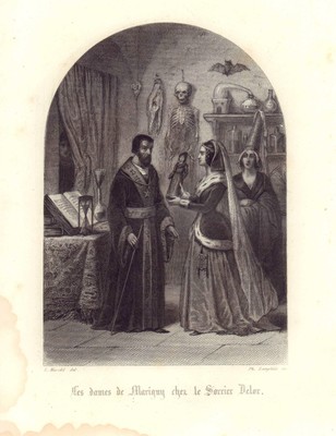Les dames de Marigny chez le Sorcier Delor. Stahlstich nach Louis Marckl. Feinka