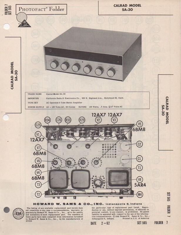 1962 CALRAD SA30 STEREO AMPLIFIER AMP TUBE SERVICE MANUAL PHOTOFACT SCHEMATIC eBay