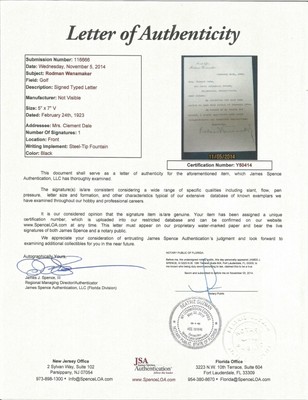 Rodman Wanamaker Signed Letter Full JSA Letter of Authentication M3330
