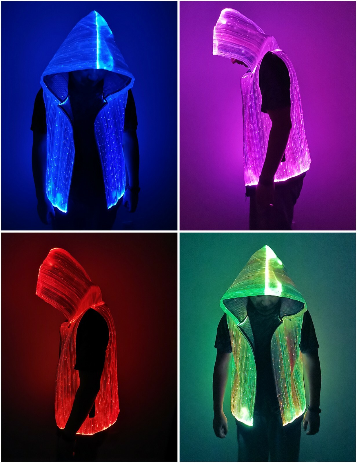 Pre-owned Handmade Men Led Hoodies Sound Activated Optic Fiber Cothing Party App Control Rgb Lights In White