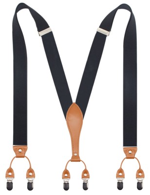 Mens Suspender Wide Leather 6 Metal Clips Adjustable Straps Y Shape (Black)