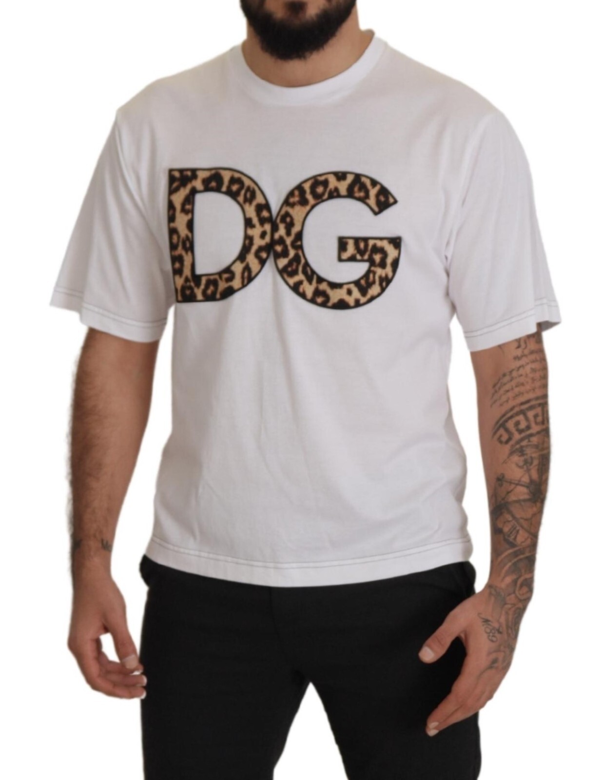

DOLCE - GABBANA Футболка белая с круглым вырезом и логотипом DG Leopard IT48/ US38 /  Рекомендуемая розничная цена 900 долларов США, Белый